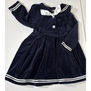 Vintage Good Lad Long Sleeve Navy Blue Velvet Sailor Dress Kids Girls 24 M